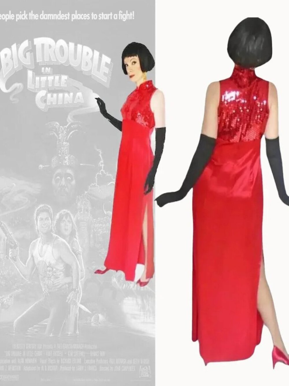 Red Satin Cheongsam Gown With Sequins Sassy Sexy Vintage ZumZum - Picture 5 of 8